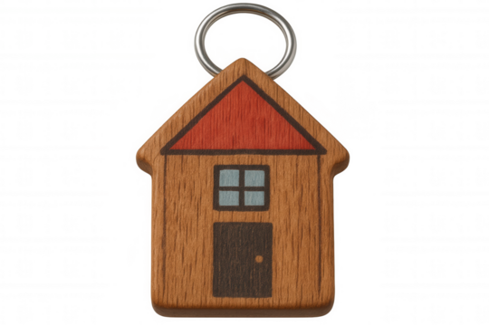 Wooden house keychain representing real estate, investment, and ownership, isolated on transparent background