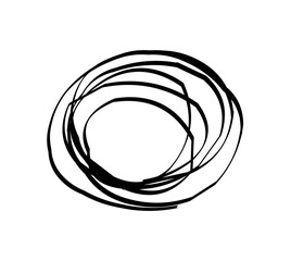 Simple line art illustration featuring circles as motifs. Thin lines. Hand-drawn style. Rough touch. Swirl patterns. Layered strokes. Messy. Overlapping. Chaos. Cluttered. Emphasis. Complex.