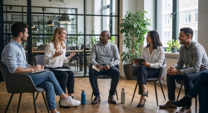 Female Scrum Master speaking with diverse agile team in sprint retrospective meeting circle, sharing feedback and improvements