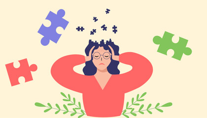 Frustrated woman suffers from migraine, stress, memory loss.