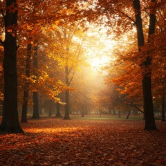 Scenic Autumn Forest Landscape with Sunlight Streaming Through Orange Leaves on a Carpet of Fallen