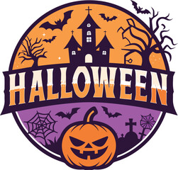 Halloween tshart halloween badge design with haunted house, pumpkin, and bats, , perfect for stickers, labels, and festive decorations