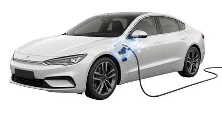 Electric car charging with plug and lightning effect isolated PNG with Transparent Background
