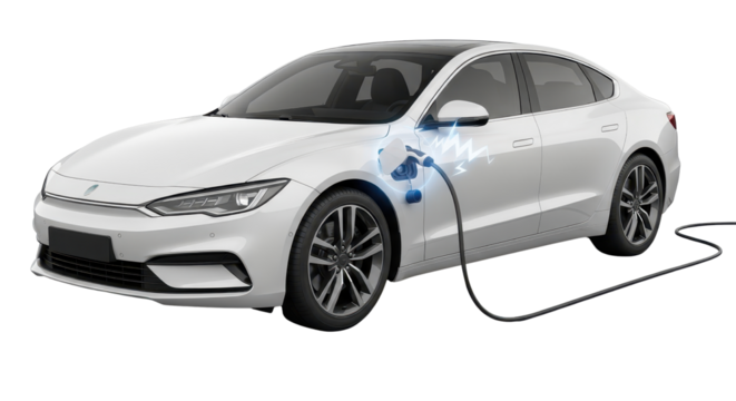 Electric car charging with plug and lightning effect isolated PNG with Transparent Background