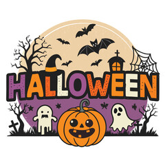 Halloween tshart halloween illustration featuring a pumpkin, ghosts, bats, and a haunted house, perfect for spooky season decorations and designs