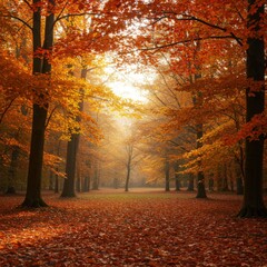 Vibrant Autumn Forest with Golden Sunlight and Fallen Leaves in Warm Tones