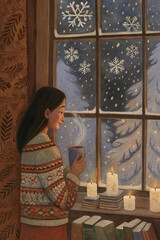 Watercolor illustration of a woman looking out the window on a snowy evening, cozy winter interior with candles and books