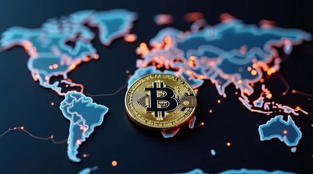 Golden bitcoin coin superimposed on a glowing world map representing global cryptocurrency adoption