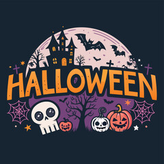 Halloween tshart spooky halloween night illustration with haunted house, pumpkins, skulls, bats and spiderwebs, perfect for cards, invitations, decorations and party supplies