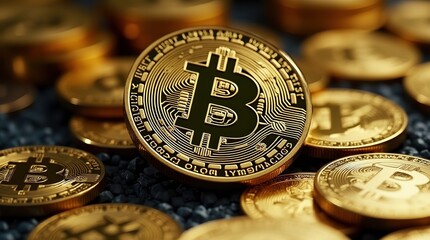 Close up of a golden bitcoin coin surrounded by other coins