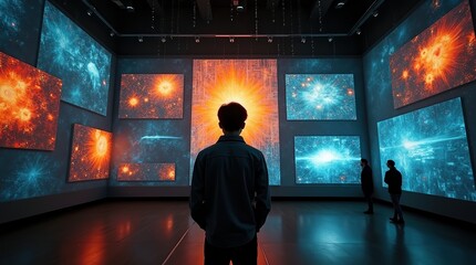 Person silhouetted against a vibrant display of cosmic imagery in a modern exhibition hall