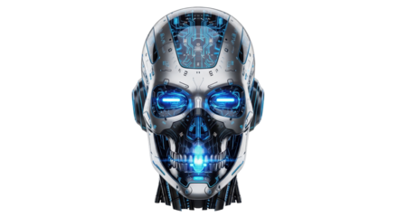 Bionic robot head with glowing blue lights isolated PNG with Transparent Background