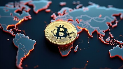 Golden bitcoin coin placed on a stylized world map representing global cryptocurrency