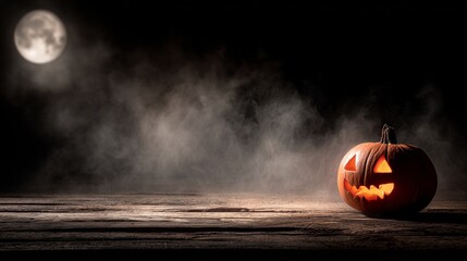 Jack-o'-lantern glowing in dark atmosphere with mist and full moon creating eerie ambiance