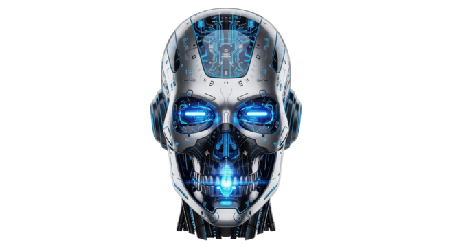 Bionic robot head with glowing blue lights isolated PNG with Transparent Background