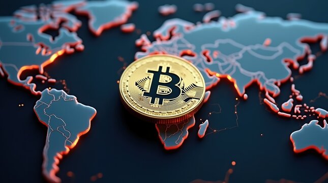 Golden bitcoin coin placed on a stylized world map representing global cryptocurrency