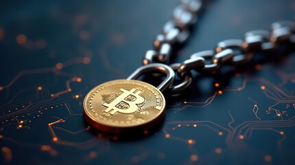 Golden bitcoin secured by a heavy chain and padlock on a circuit board