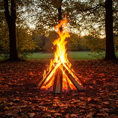 Glowing Campfire with Orange Flames and Fallen Leaves in Autumn Forest