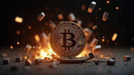 Golden bitcoin cryptocurrency exploding with fiery energy and debris