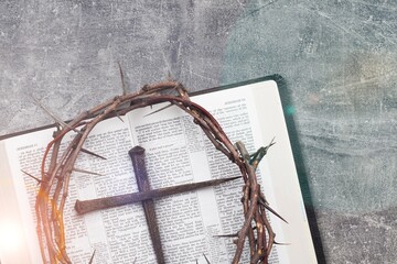 Crown of thorns on holy Bible. Easter concept.