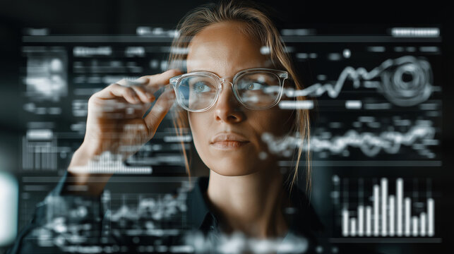 Professional looking at transparent digital screen showing employee analytics