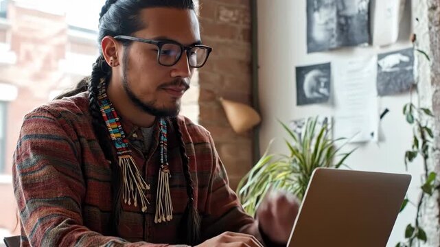 young native american entrepreneur with braids and traditional beaded necklace working on laptop in modern office, blend of tradition and modernity. focused student or freelancer studying online