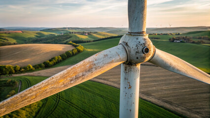 Renewable energy wind off grid rural landscape with closeup of turbine blade overlooking green fields and rolling hills