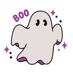 Illustration of a cartoon ghost with the word boo and decorative stars and dots around it