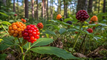 Biodiversity conservation habitat climate action vibrant wild berries temperate forest with lush green understory and dappled