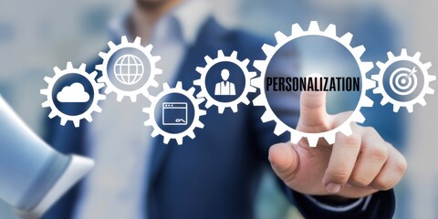 Precision Personalization: A conceptual image illustrating the gears of personalization, with a hand touching the word. This graphic conveys the essence of tailored experiences in the modern world.