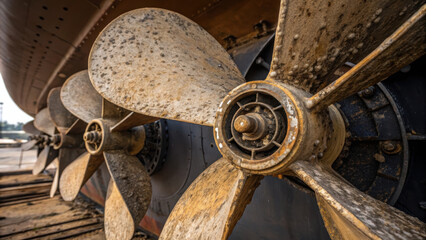 Ship launch ocean transport dry dock propeller closeup showing aged metal texture and weathered corrosion creating rugged