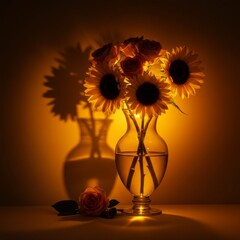 Sunflowers and Roses Arrangement in a Glass Vase Against Warm Yellow Light