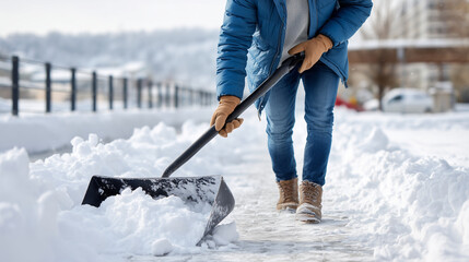 Man pushing snow off walkway with metal shovel, fresh tracks visible behind, gentle falling snow and neutral sky, with copy space
