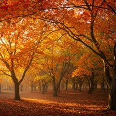 Vibrant Autumnal Forest with Golden Foliage and Sunlit Canopy in Warm Light