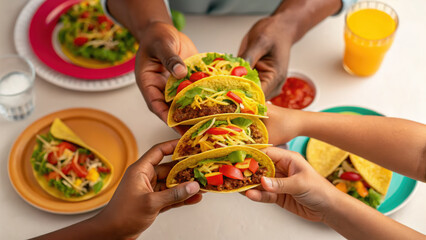 Family time mealtime together enjoying tacos with fresh lettuce tomato cheese and salsa around colorful table sharing joy