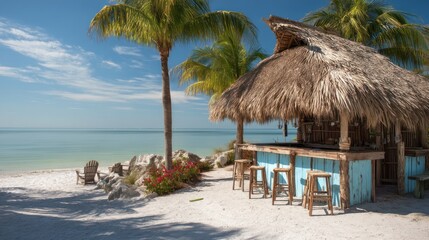 Fototapeta premium Tiki-style beach bar with ocean backdrop