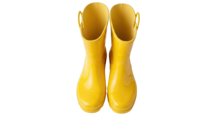 Pair of shiny yellow rain boots for kids isolated PNG with Transparent Background