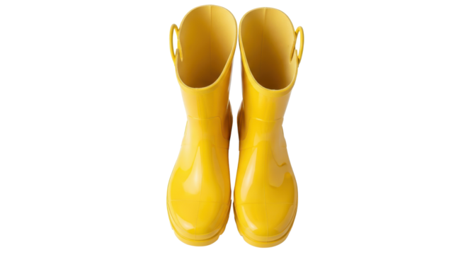 Pair of shiny yellow rain boots for kids isolated PNG with Transparent Background