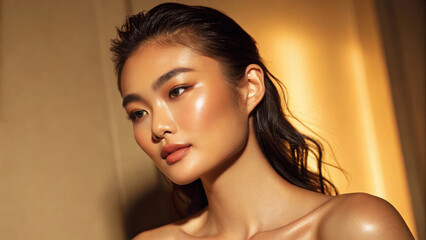 Skincare cosmetics flawless skin glowing model radiant complexion natural makeup soft light
