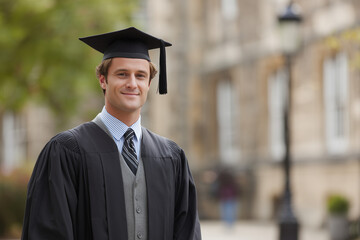 Smiling portrait of a young male graduate in a cap and gown with a diploma, celebrating his college education achievement