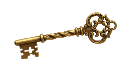 Ornate antique golden skeleton key isolated PNG with Transparent Background