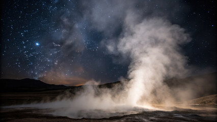 Renewable energy geothermal storage steam rising from hot spring under starry night sky creating dramatic glow and serene mood