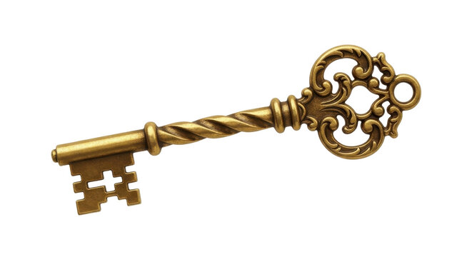Ornate antique golden skeleton key isolated PNG with Transparent Background