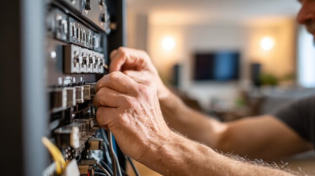 Medium shot of a technician securely installing a surge protector behind a home entertainment system with blurred living room details in the background.