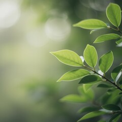 Lush Green Leaves on Branch with Bokeh Background in Natural Light Setting Photo