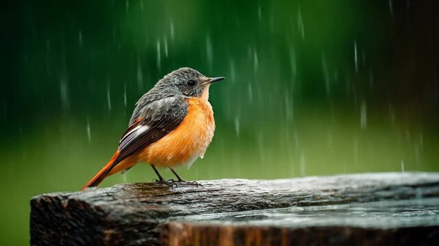 Orange and gray bird perched on a wet wooden surface during rain
