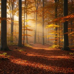 Autumn Forest Path with Golden Sunlight Streaming through Bare Trees and Orange Leaves