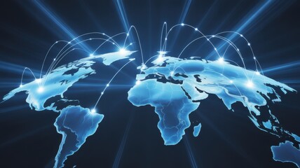 Obraz premium Global Connections: A digitally rendered visualization portrays the world map intricately overlaid with interconnected lines.