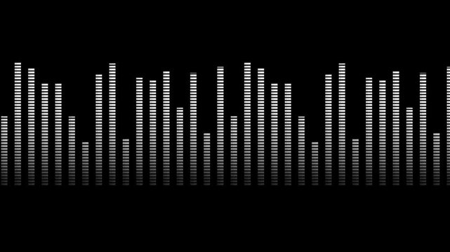 Abstract audio spectrum graphic with vert white bars on black backdrop resembling a sound equalizer, footage, 4k footage, videos, video clip, slow motion, video wallpaper, animation, 4k