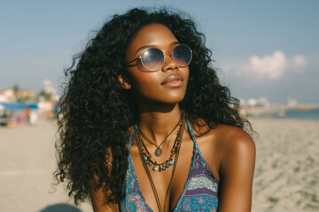 Smiling woman in a bikini and sunglasses models summer fashion by the ocean, her beauty illuminated by the sun on a beach vacation